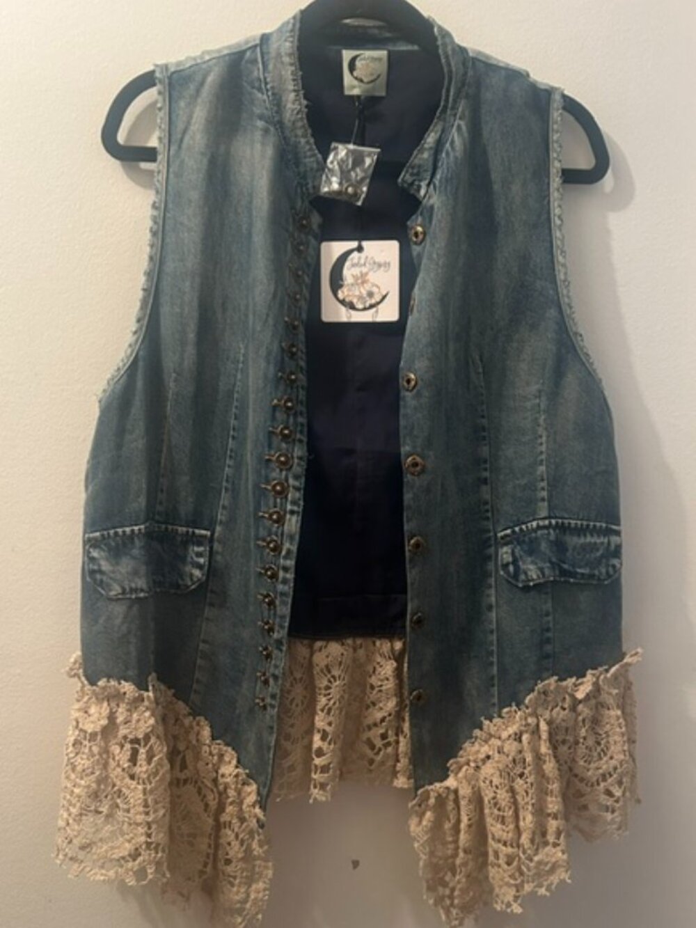 Jaded Gypsy Enchanted Acid Washed Denim Chambray Lace Button Vest NWT